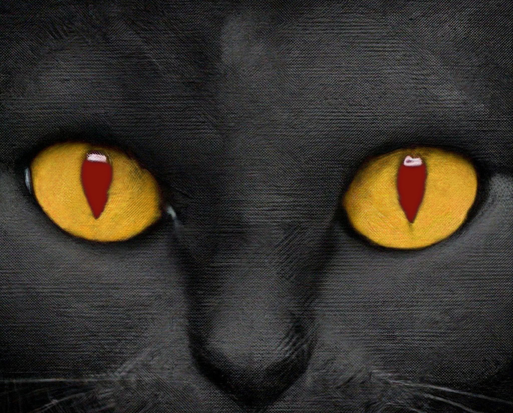 Два огромных, жёлтых демонических глаза, с узкой красной кошачьей щелью-зрачком посредине
